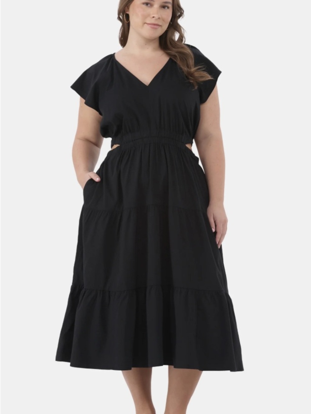 NWT Black V-Neck Tiered Midi Dress with Cutouts